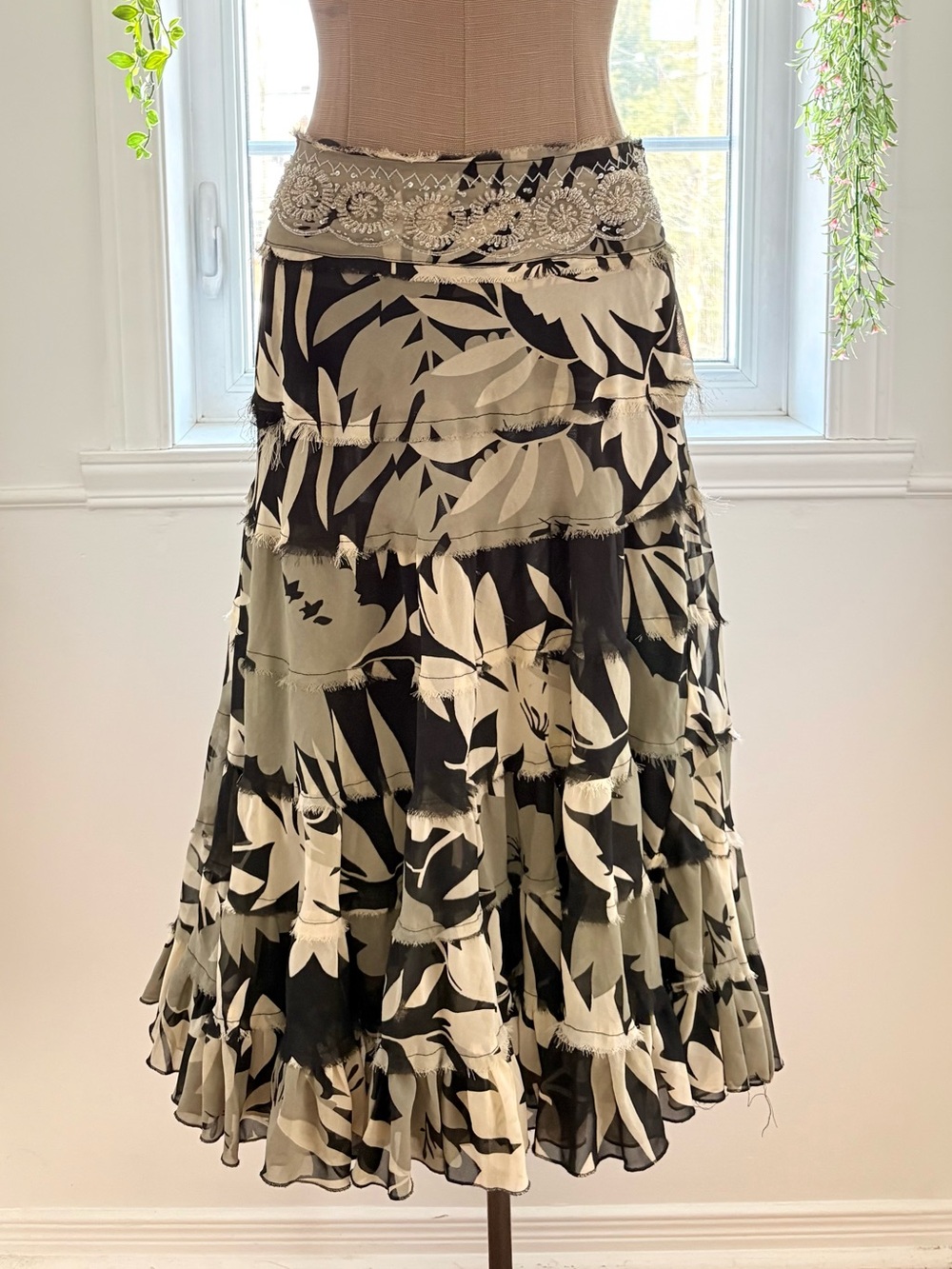 Tiered A-Line Midi Skirt With Beaded Waistband— Black, Green and Cream